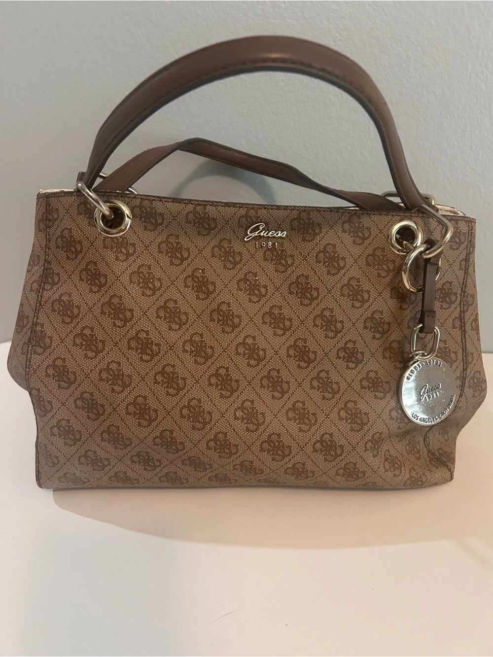 GUESS Brown Logo-Print Sachel Bag with Gold Hardware